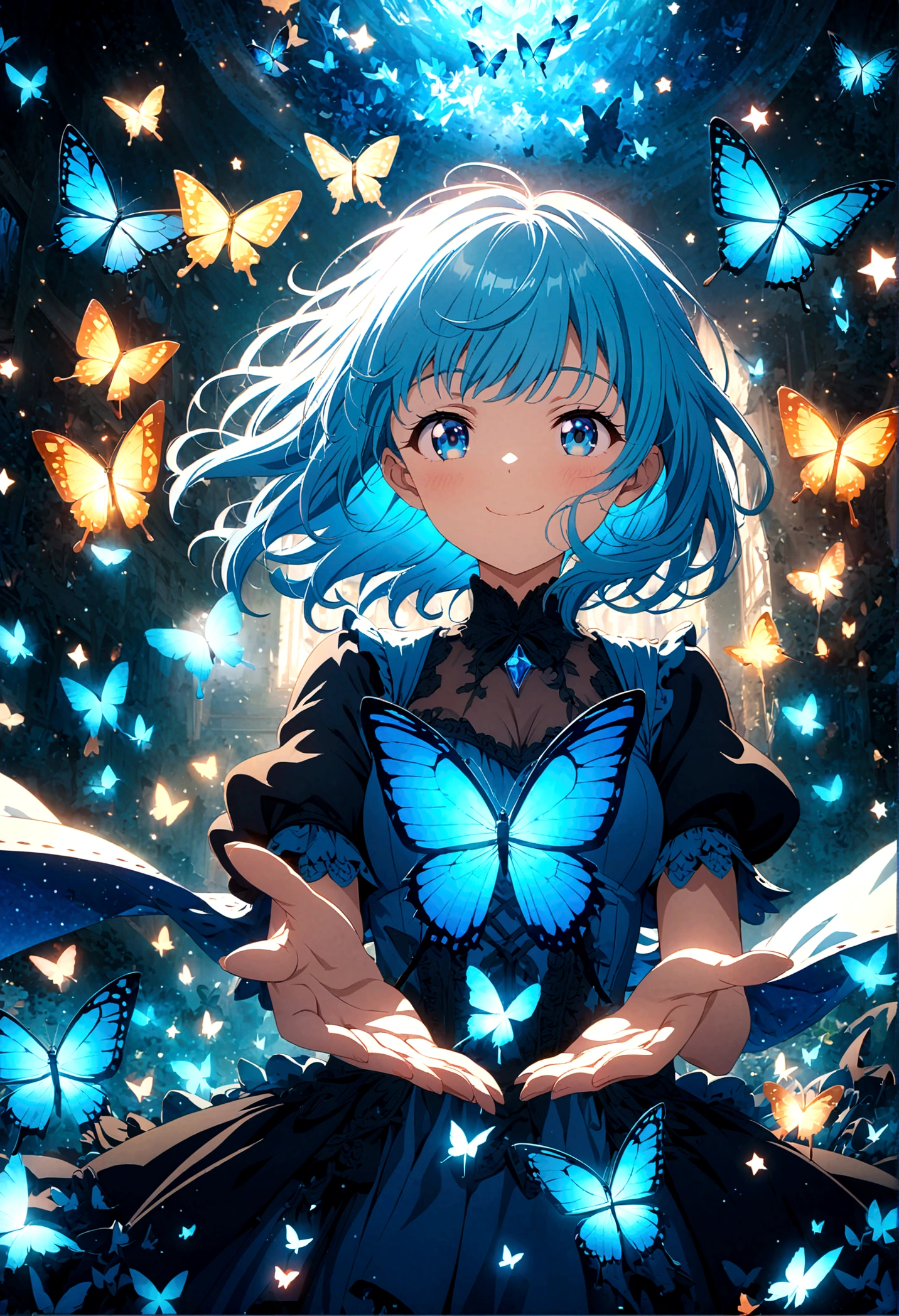Anime style, ultra-detailed, 8K CG, blue-haired girl, smile, blue world, mysterious blue objects floating, butterfly, star, 