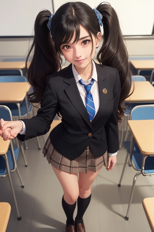 ((best quality), (hyper realistic), mh-yk, 1 girl, alone, black hair, brown eyes, long hair, wearing a private university uniform, blue blazer style with buttons, tie and tight skirt followed by socks up to knee,, big,, twintails, plein-air, hair rings, looking at the viewer, university anatomy club scene, standing all excited with a very mischievous smile in a university classroom full of students, looking at the spectator holding his hand