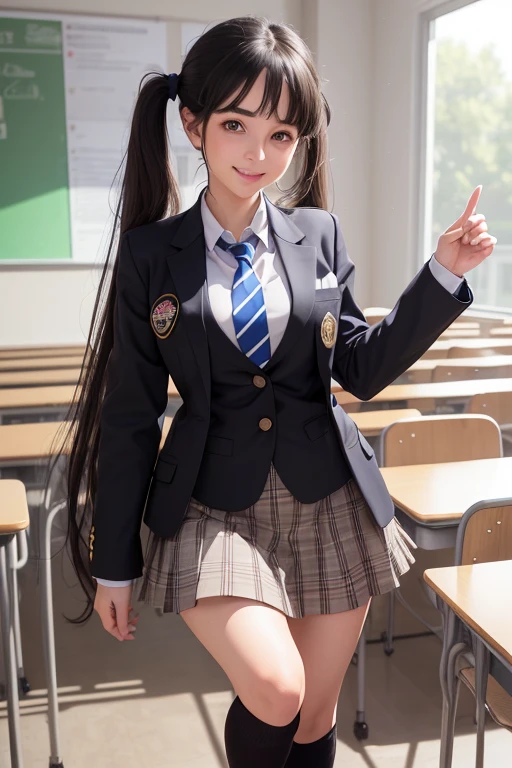 ((best quality), (hyper realistic), mh-yk, 1 girl, alone, black hair, brown eyes, long hair, wearing a private university uniform, blue blazer style with buttons, tie and tight skirt followed by socks up to knee,, big,, twintails, plein-air, hair rings, looking at the viewer, university anatomy club scene, standing all excited with a very mischievous smile in a university classroom full of students, looking at the spectator holding his hand