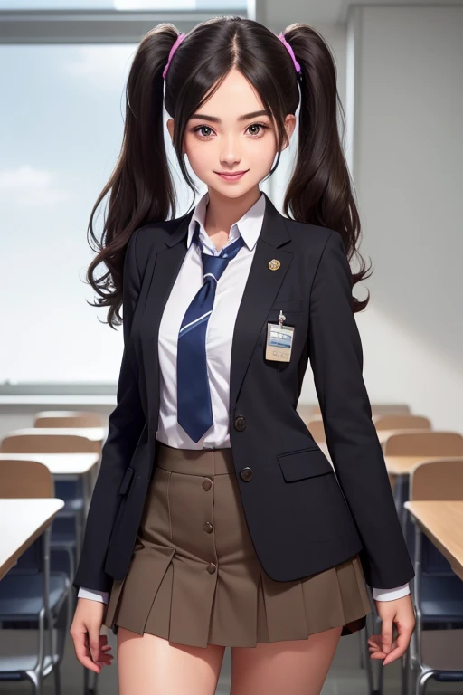 ((best quality), (hyper realistic), mh-yk, 1 girl, alone, black hair, brown eyes, long hair, wearing a private university uniform, blue blazer style with buttons, tie and tight skirt followed by socks up to knee,, big,, twintails, plein-air, hair rings, looking at the viewer, university anatomy club scene, standing all excited with a very mischievous smile in a university classroom full of students, looking at the spectator holding his hand
