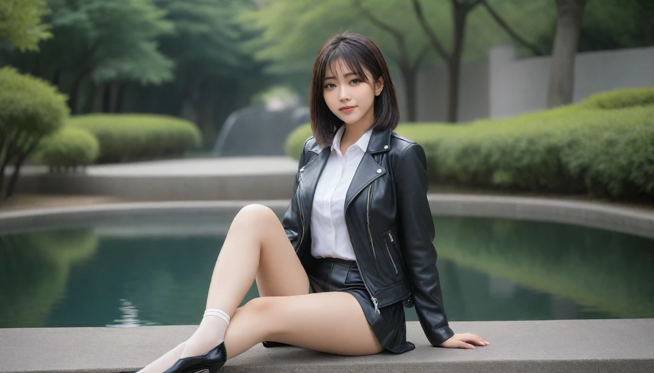 8K, Ultra-high resolution, Highest quality, masterpiece, 三分割法によるphotograph,Surreal, photograph, 1 Girl, (16 years old:1.3), pretty girl, Cute face, Beautiful eyes in every detail, 細かくdetailedに,masterpiece,, One Girl:1.2, Japan Female Announcer,whole body, ((Biologically correct limb count))、((whole bodyショット, 顔を含むwhole bodyphotograph、頭からつま先までのphotograph))、((Focus on the face))、((Symmetrical facial features))、((Shiny black stockings、shiny leather skirt、White Leather Jacket、High heels with anklets))、((Sitting on the edge of a fountain in the park early in the morning, Look straight into the camera)),Beautiful leg line beauty,Captivating thighs,A carefree smile,Heal the heart,Black Hair,Short Bob,Looking at the audience、beauty,Long neck、Laugh a little、Please close your mouth and laugh、(((Ideal body type))),A cup small breasts :2,、Portraiture:2、Perfect ???????、鮮明なdetailed、detailed、Surreal、Light and shadow,Strong light