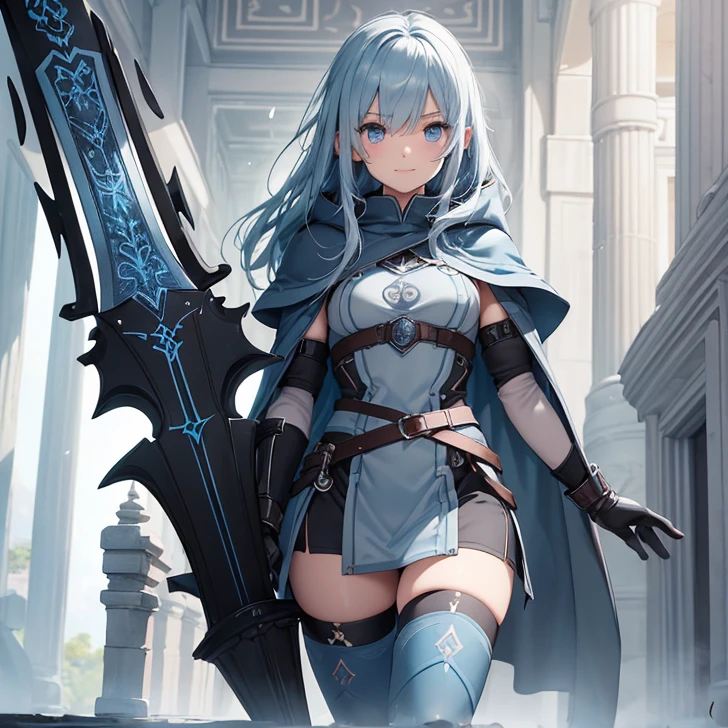 (Absurdres, best high quality, best detailed with gigh quality and very detailed features and textures) alonesolo character.
7 years old FemaleElfKid: pale skin, shorter thick very messy blue blue hair, heterochromatic eyes, very thin lips, short body, very flat chest, cute arms, cute legs, (full grey battle unitard, long full arm sleeves, thick grey gloves, long grey thick boots, black iron bell, red cloak), (huge and large light blue claymore), she is a beautiful and cute warrior , cute face, open smile, lovely, adorable and protective, cheerful and adventurer, feminine warrior, holding a huge blue claymore,
she is training in the temple,