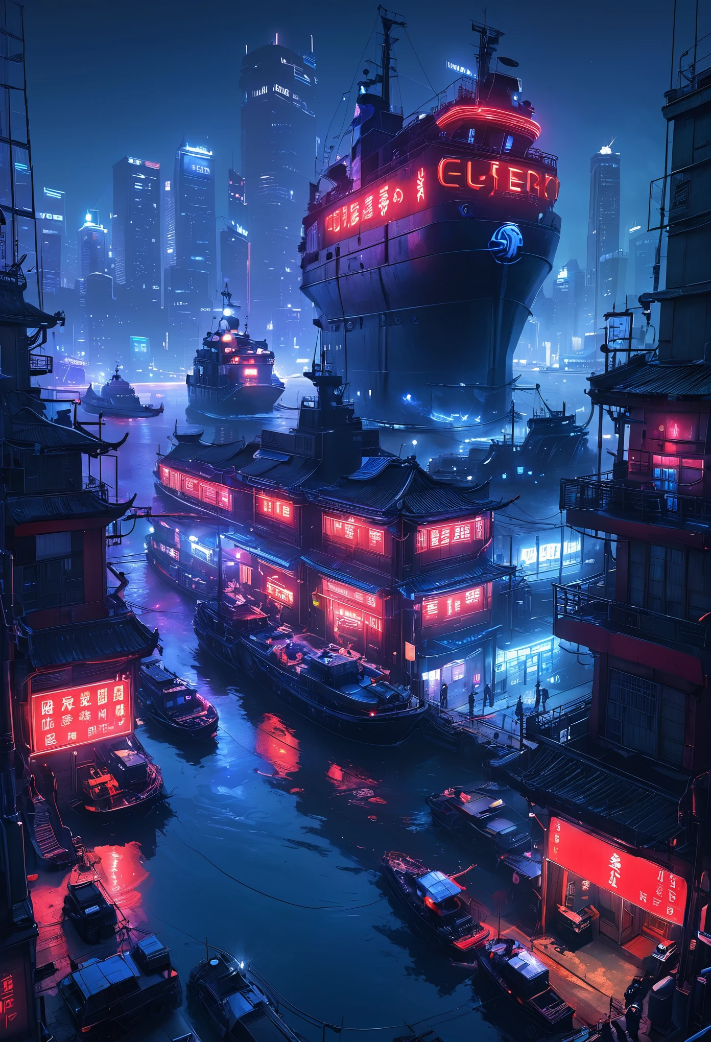 CyberCity, (blue:1.3)，（red:1.4）,(harbor:1.3), (ship:1.2),  neon lights, scenery, chinese_building, outdoors, road, night, sign, street, riot police,

criminals,(bird eye view:1.2),