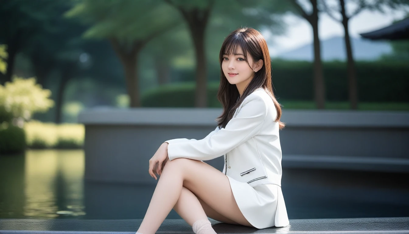 8K, Ultra-high resolution, Highest quality, masterpiece, 三分割法によるphotograph,Surreal, photograph, 1 Girl, (16 years old:1.3), pretty girl, Cute face, Beautiful eyes in every detail, 細かくdetailedに,masterpiece,, One Girl:1.2, Japan Female Announcer,whole body, ((Biologically correct limb count))、((whole bodyショット, 顔を含むwhole bodyphotograph、頭からつま先までのphotograph))、((Focus on the face))、((Symmetrical facial features))、((Shiny black stockings、shiny leather skirt、White Leather Jacket、High heels with anklets))、((Sitting on the edge of a fountain in the park early in the morning, Look straight into the camera)),Beautiful leg line beauty,Captivating thighs,A carefree smile,Heal the heart,Black Hair,Short Bob,Looking at the audience、beauty,Long neck、Laugh a little、Please close your mouth and laugh、(((Ideal body type))),A cup small breasts :2,、Portraiture:2、Perfect Anatomy、鮮明なdetailed、detailed、Surreal、Light and shadow,Strong light