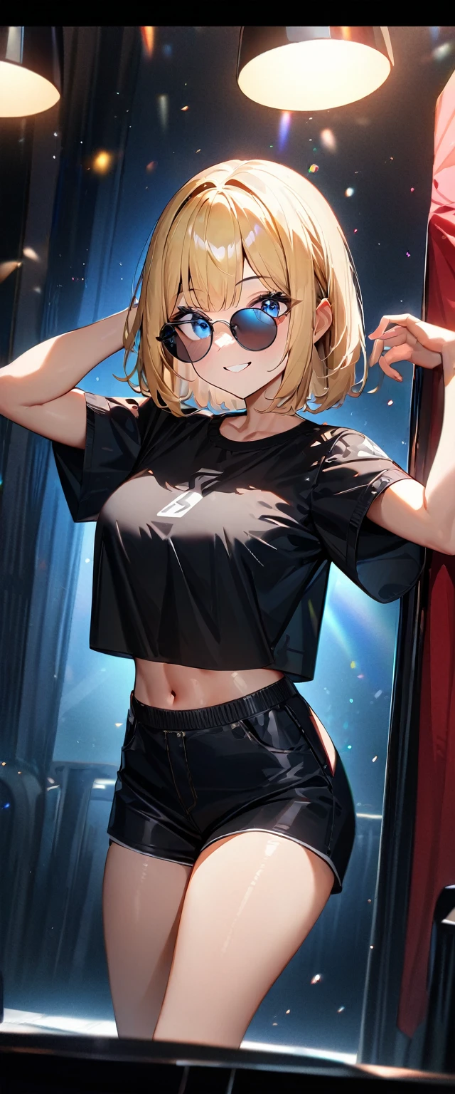 (((One girl))), beach, blond hair, bob cut, breasts, from front, (cowboy shot), (looking at viewer), ((black shorts)), ((black crop top overhang)), short sleeves, Casual Stance, ((sun glasses)), arms up, midriff peek, teenager, head tilt:1.3, (((blue eye))), ((happy smile)), ((sleeves past wrists)), anime style, (best quality, 4k, 8k, highres, masterpiece:1.2, ultra-detailed, ultra-detailed eyes, HDR, UHD, studio lighting, ultra-fine painting, sharp focus, physically-based rendering, extreme detail description, professional, vivid colors, bokeh), ((Highest quality, Best image quality, Ultra-high resolution, Ultra-high resolution, solo, Strong eye highlights)), Depth of written boundary, Natural soft light, attractive, Beautiful Face, Cleanliness, Pure Face, nedium chest, Beautiful Face, Perfect Fingers, Perfect hands, Perfect body, Perfect Face, Shine a light into your eyes, Perfect Anatomy