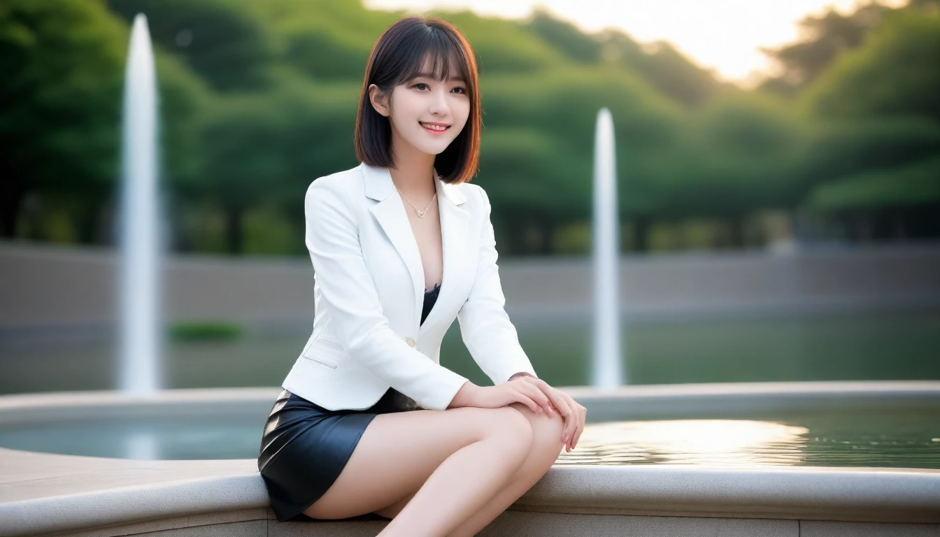 8K, Ultra-high resolution, Highest quality, masterpiece, 三分割法によるphotograph,Surreal, photograph, 1 Girl, (16 years old:1.3), pretty girl, Cute face, Beautiful eyes in every detail, 細かくdetailedに,masterpiece,, One Girl:1.2, Japan Female Announcer,whole body, ((Biologically correct limb count))、((whole bodyショット, 顔を含むwhole bodyphotograph、頭からつま先までのphotograph))、((Focus on the face))、((Symmetrical facial features))、（(Shiny black stockings、shiny leather skirt、White Leather Jacket、High heels with anklets)）、((Sitting on the edge of a fountain in the park early in the morning, Look straight into the camera)),Beautiful leg line beauty,Captivating thighs,A carefree smile,Heal the heart,Black Hair,Short Bob,Looking at the audience、beauty,Long neck、Laugh a little、Please close your mouth and laugh、(((Ideal body type))),A cup small breasts :2,、Portraiture:2、Perfect Anatomy、鮮明なdetailed、detailed、Surreal、Light and shadow,Strong light 