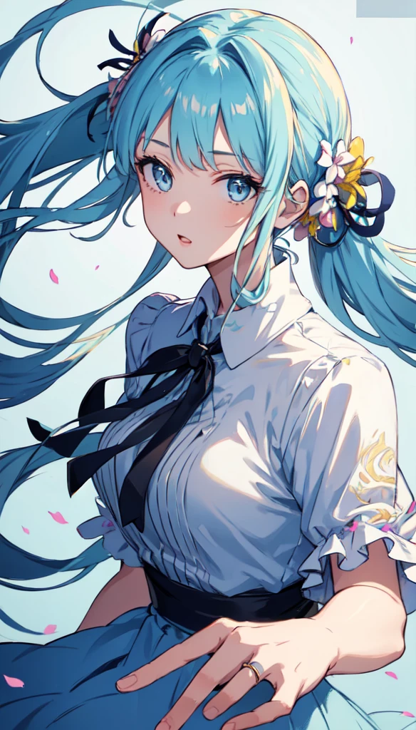 (masterpiece), (best quality), (ultra detailed),(disheveled hair),(illustration), (1girl), (Fashionable clothing), standing, Fashion model, looking at viewer, (interview), (simple background),beautiful detailed eyes, delicate beautiful face, Floating,(high saturation),(colorful splashes),colorful bubble,(shining), focus on face, ponytail, kamisato ayaka, light blue hair, bangs, hair ring, floating flowers, floating hairs, (shining), best lighting, best shadow,