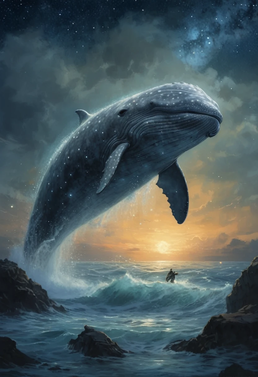 A huge gray whale jumps out of the starry sea, Magnetic storms, night, starry sky sea, huge gray whale in the starry sky, Jean-Baptiste Monge, anthropomorphic --ar 2:3 --testp - optimistic;  