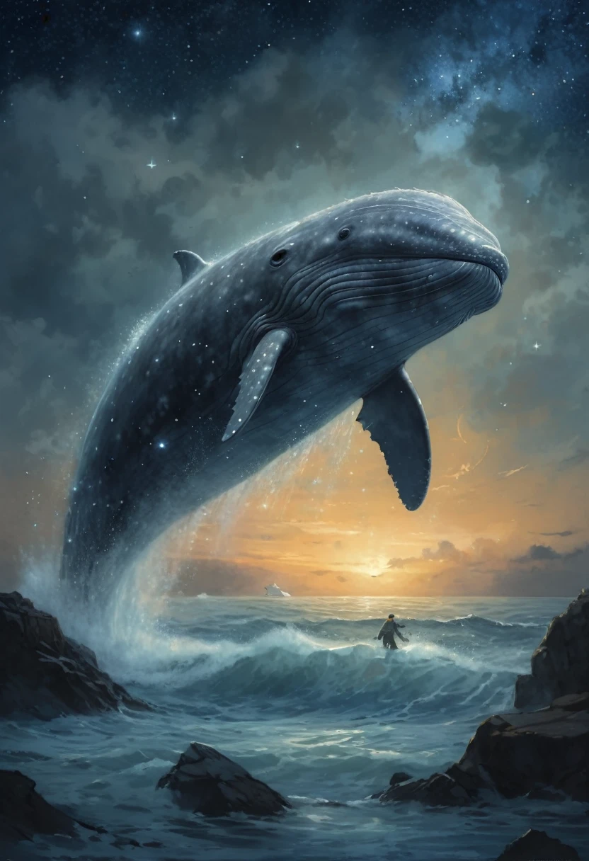 A huge gray whale jumps out of the starry sea, Magnetic storms, night, starry sky sea, huge gray whale in the starry sky, Jean-Baptiste Monge, anthropomorphic --ar 2:3 --testp - optimistic;
