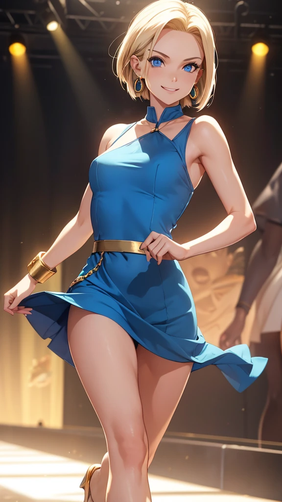 8k, android 18, Full Body, Golden Headband, blue Earrings, blue Eyes, Elegant Short Dress, Two Bare Legs, Two Bare Arms, Wide Neckline, white Heels, Walking On Runway, smiling