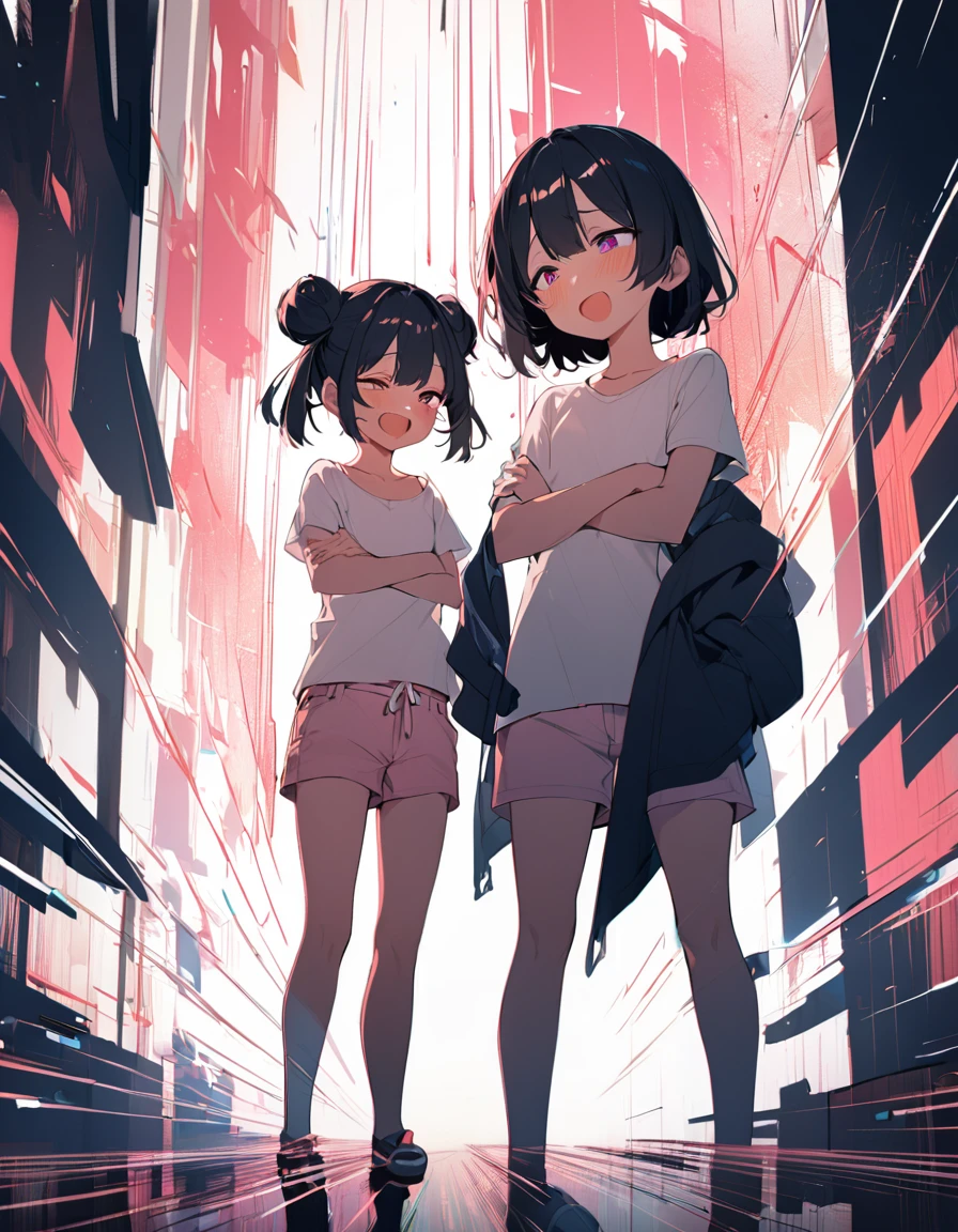 1 girl,short stature,black-hair,double-buns,lightcoral-eyes,half-closed-eyes,flat-chest, thin white t-shirt,pink_short_shorts,full_body,giggling,crossed_arms,standing, speed-lines, (double exposure:1.4),