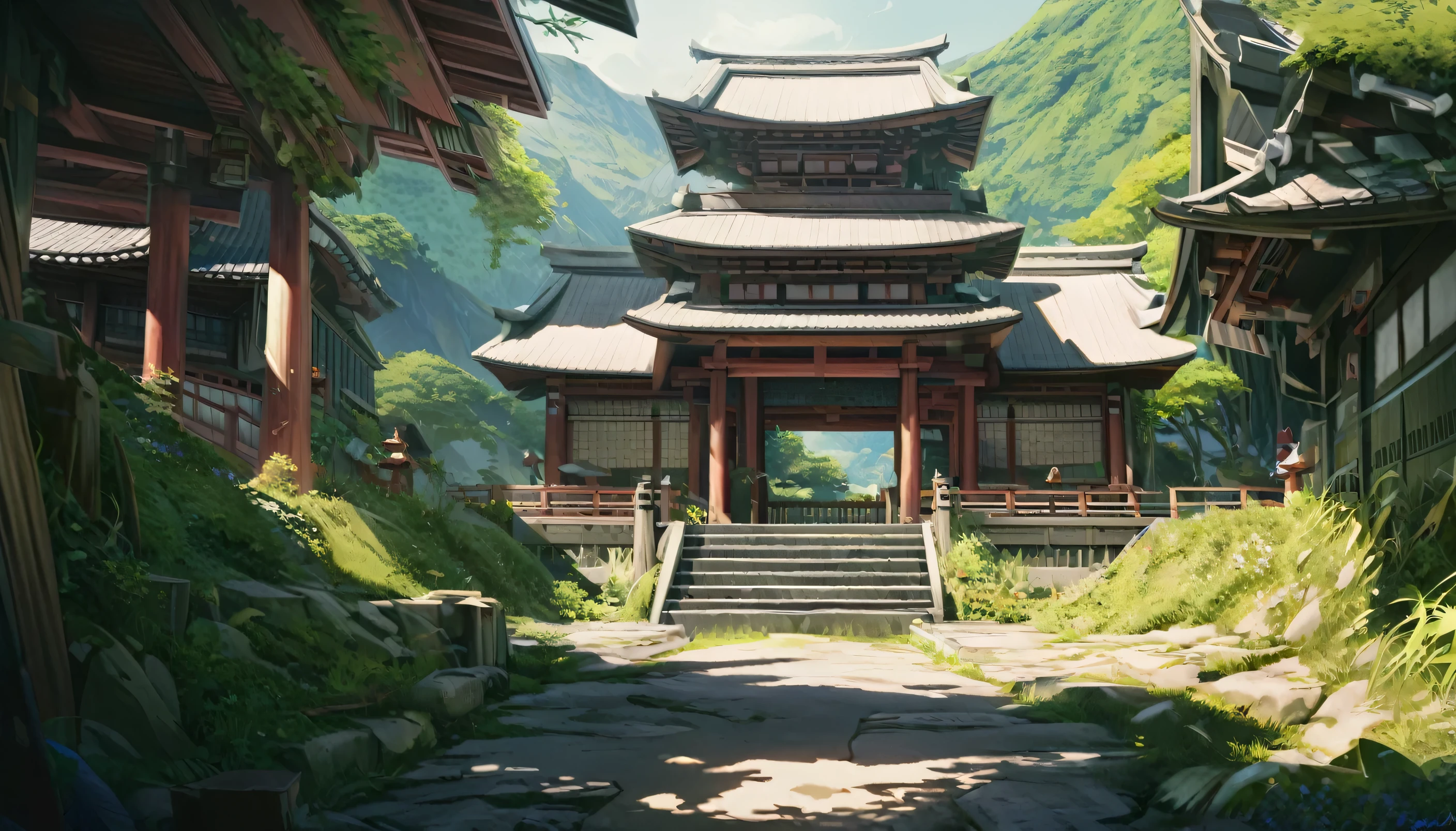 a beautiful, ancient and dilapidated Shinto shrine in the mountains, soft colors, anime style, distant view, (best quality,4k,8k,highres,masterpiece:1.2),ultra-detailed,(realistic,photorealistic,photo-realistic:1.37),serene atmosphere, crumbling architecture, overgrown with vegetation, mystical and tranquil, warm lighting, dramatic shadows, vibrant yet muted colors, intricate details, cinematic composition, sense of exploration and discovery