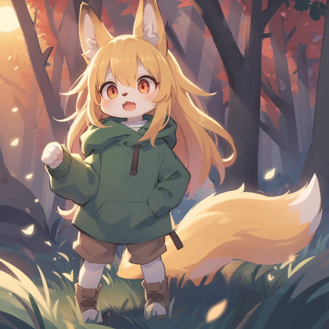 the fox, , was hairy, shaggy, skin fur, smooth lashes, golden fur, forelimb hands, straight long blonde hair, solid circle eyes, golden ears, golden fur, golden facial fur, shiny hair, red eyes, super cute face, 1fox tail, fluffy tail, furry tail, glowing eyes, green coat green hood down, brown trousers, open mouth, embarrassed, ambient light, ultra-fine fur, dashed eyes, full body, masterpiece, high quality, high-details, best quality, wide short, (((solo))), twilight, sun light, red sky, rim light