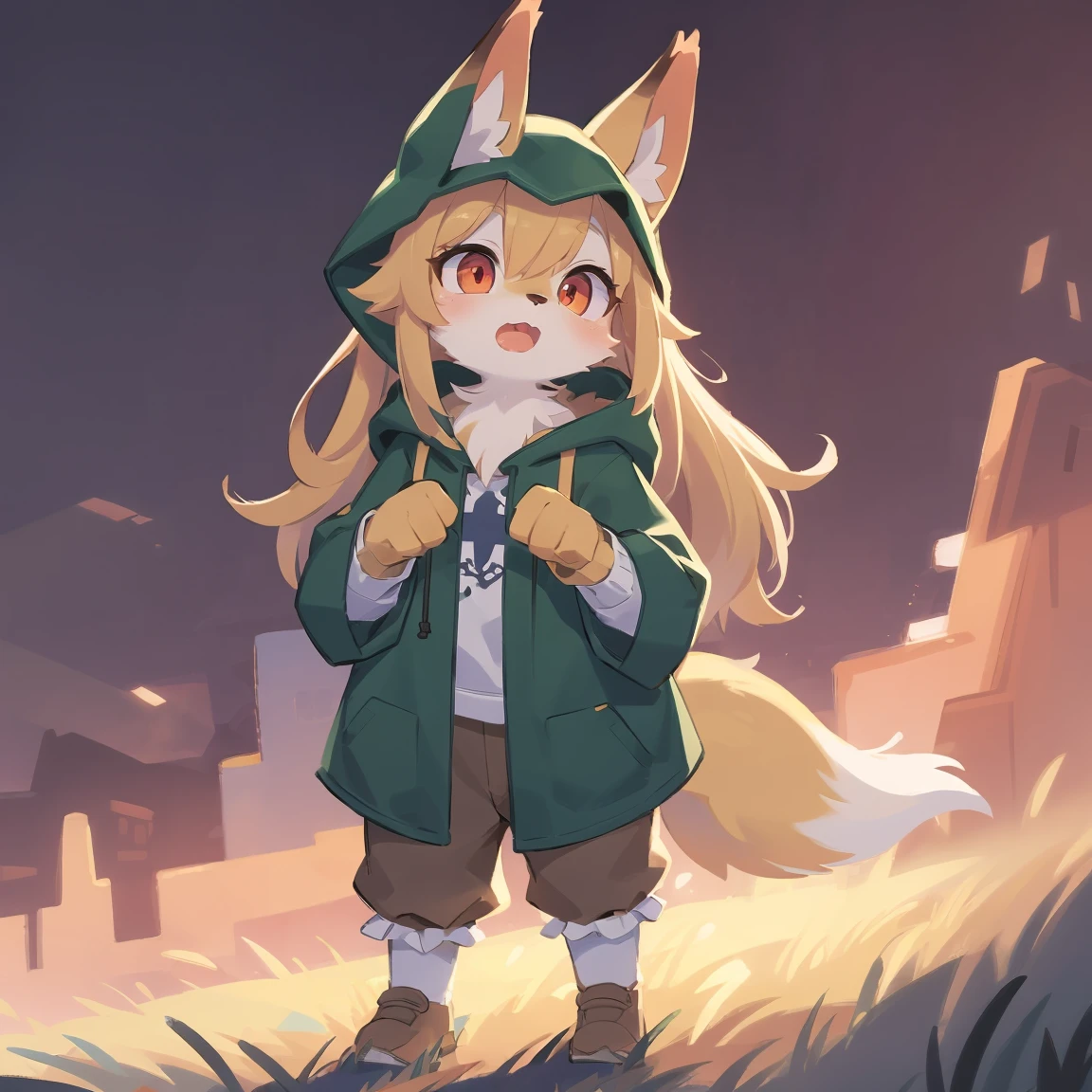 the fox, , was hairy, shaggy, skin fur, smooth lashes, golden fur, forelimb hands, straight long blonde hair, solid circle eyes, golden ears, golden fur, golden facial fur, shiny hair, red eyes, super cute face, 1fox tail, fluffy tail, furry tail, glowing eyes, green coat green hood down, brown trousers, open mouth, embarrassed, ambient light, ultra-fine fur, dashed eyes, full body, masterpiece, high quality, high-details, best quality, wide short, (((solo))), twilight, sun light, red sky, rim light