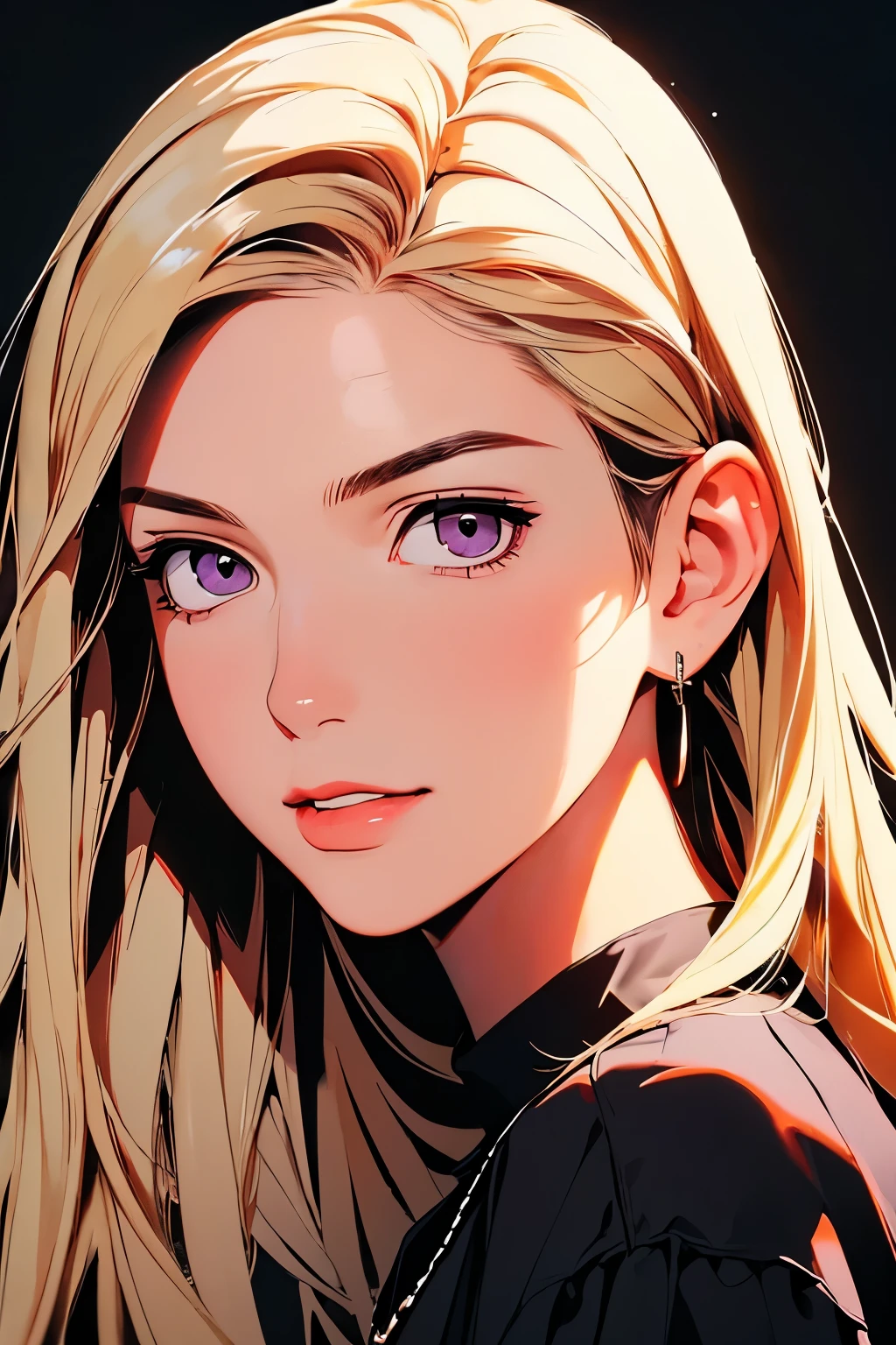 a_painting_portrait_of_bishamon_from_noragami_A girl with long wavy loiro hair , ((Uma garota)), (loiro) ,(trança de cabelo longo:1.3), purple eyes, um sorriso leve, rosto lindo , 18 anos , (figura esbelta , seios grandes) , cinto de corrente, saia lápis de látex cintura alta, Manga de braço de látex, ((Cinto)), ((cinto de quadril)), lenço de couro preto, blusa branca ombro a ombro, afinar, Cidade da Noite , luz neon , surrealismo_(((Obra de arte)))_(retrato)_luz difusa_sombras dinâmicas_foco nitído_realista_1girl_choker nacklace_smiling_2d illustration_8k_Verão_lascivo_grão de filme_Ilford HP5_80mm_big hair_ (masutepiece: 1.3), (max resolution: 1.2), (Ultra HDTV: 1.2), cinematric light, Ultra HDTV, (Detailed eyes and skin), (detailed facial features), nffsw, 8K resolution, Sharp Focus: 1.2, Perfect Style, Beautiful face, Perfect body, precise, Anatomically correct, Highly detailed face and skin texture, Detailed eyes, purple eyes, Double eyelids, Thin eyebrows, Glitter Eyeliner: 1.2, Natural cheeks, Glossy skin, Fair skin: 1.2, shiny little necklace and earrings, (Glossy lips: 1.4), BREAK, One-person viewpoint, (Seductive smile: 1.2), ((a Innocent and cute girl:1.3)), (very Long Wave Hair), (Blond hair:1.2), (Cowboy Shot: 1.2), BREAK, ((Very intimate relationships: 1.2)), medium large breasts, ((Looking at Viewer:1.2)), purple eyes, um sorriso leve, rosto lindo , 30 anos , (figura esbelta , seios grandes) , cinto de corrente, saia lápis de látex cintura alta, Manga de braço de látex, ((Cinto)), ((cinto de quadril)), lenço de couro preto, blusa branca ombro a ombro, afinar,