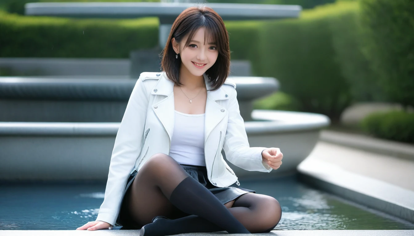 8K, Ultra-high resolution, Highest quality, masterpiece, 三分割法によるphotograph,Surreal, photograph, 1 Girl, (16 years old:1.3), pretty girl, Cute face, Beautiful eyes in every detail, 細かくdetailedに,masterpiece,, One Girl:1.2, Japan Female Announcer,whole body, ((Biologically correct limb count))、((whole bodyショット, 顔を含むwhole bodyphotograph、頭からつま先までのphotograph))、((Focus on the face))、((Symmetrical facial features))、((Shiny black stockings、shiny leather skirt、White Leather Jacket、High heels with anklets))、((Sitting on the edge of a fountain in the park early in the morning, Look straight into the camera)),Beautiful leg line beauty,Captivating thighs,A carefree smile,Heal the heart,Black Hair,Short Bob,Looking at the audience、beauty,Long neck、Laugh a little、Please close your mouth and laugh、(((Ideal body type))),A cup small breasts :2,、Portraiture:2、Perfect Anatomy、鮮明なdetailed、detailed、Surreal、Light and shadow,Strong light