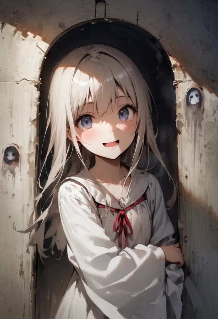 spirit photography、In the camera frame、Ghost photos、ghost、Midsummer、picture、Horror、occult、fear、Creepy、Panties、Girl、Girl、Short、Younger、Lower school year、Baby Face、flat chest、Both eyes open、smile、Dynamic Angle、masterpiece、best quality、ultra-detail、ectoplasm