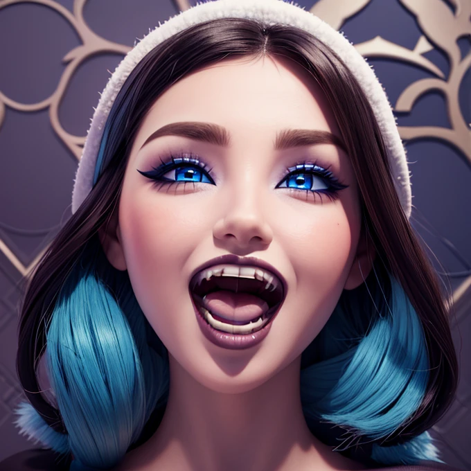 Masterpiece, open mouth sign, teeth fangs, perfectly detailed face with blue eyes, eyeliner and eyeshadow, make-up, thick lips, wallpaper 3D