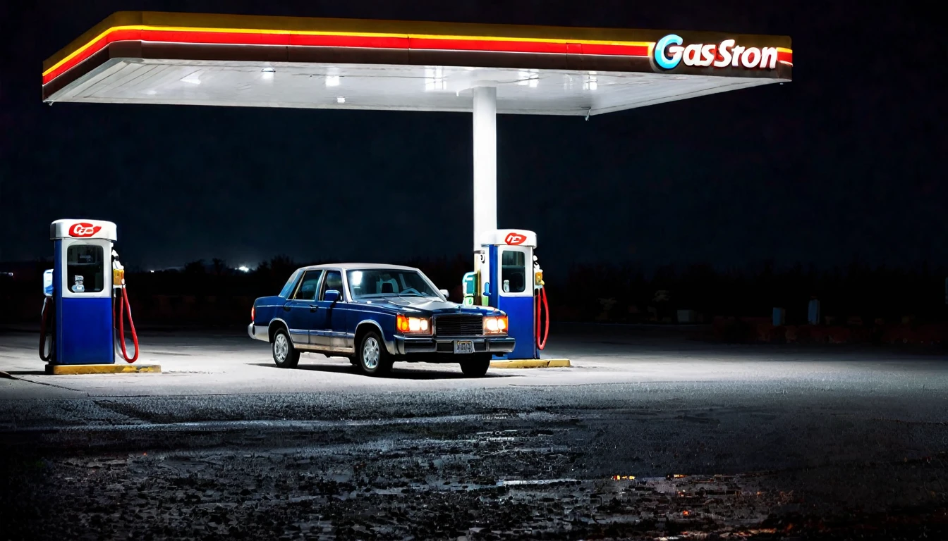 lonely car at gas station, dark, ominous night