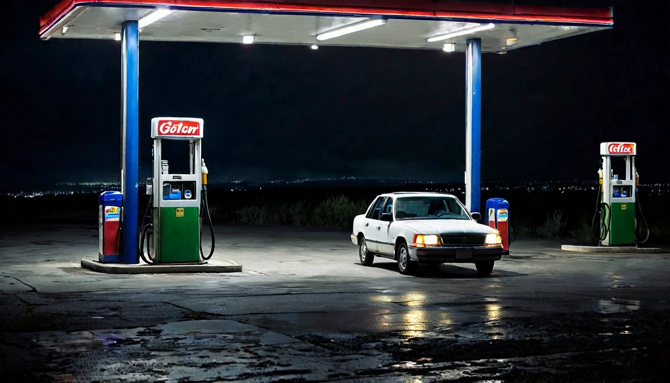 lonely car at gas station, dark, ominous night