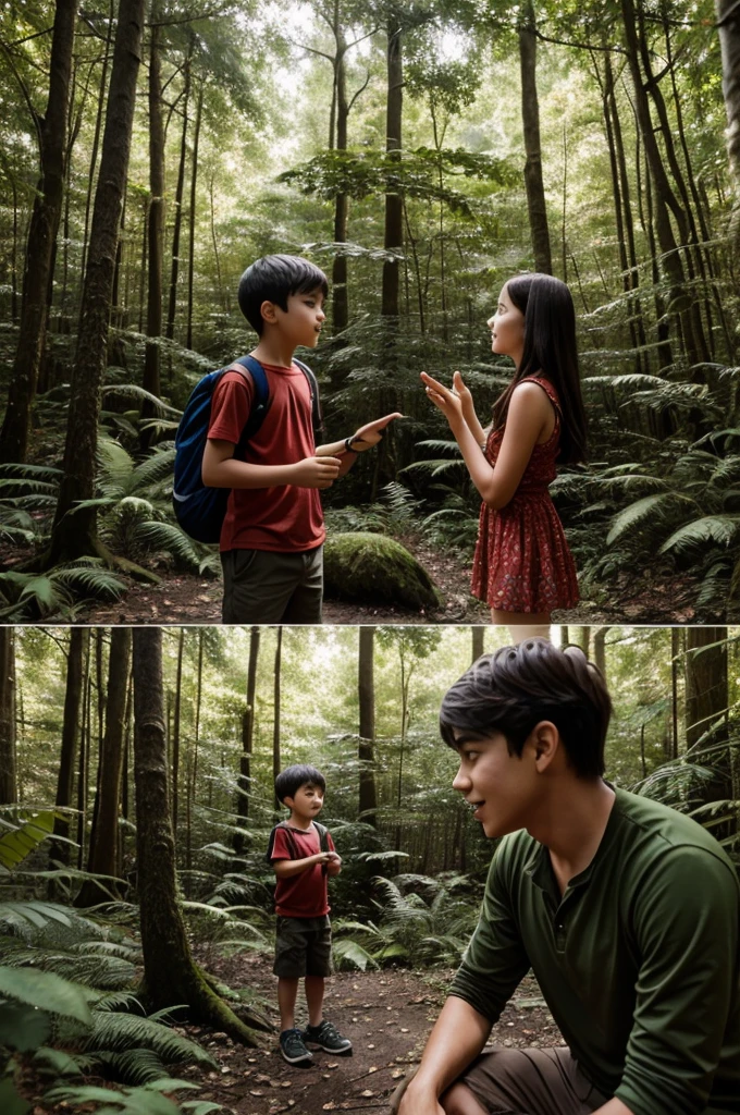 In the middle of the forest, a boy and a girl were deep in conversation about a treasure hunt.