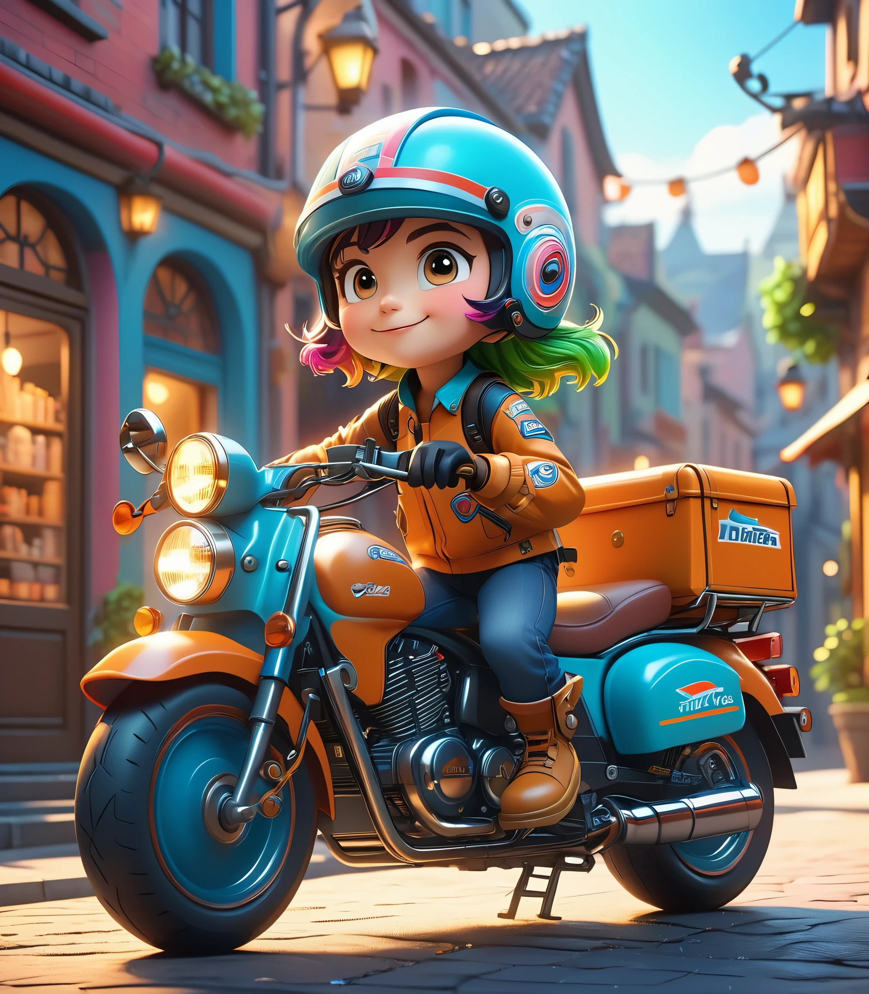 A cute cartoon delivery courier riding a motorcycle, detailed helmet, 3D rendering, vibrant colors, dynamic pose, cinematic lighting, whimsical atmosphere, masterpiece, best quality, 8k, ultra-detailed, photorealistic