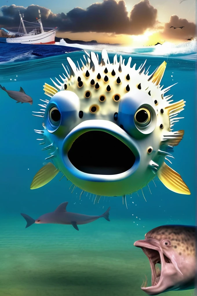 Puffer fish hit by dolphin