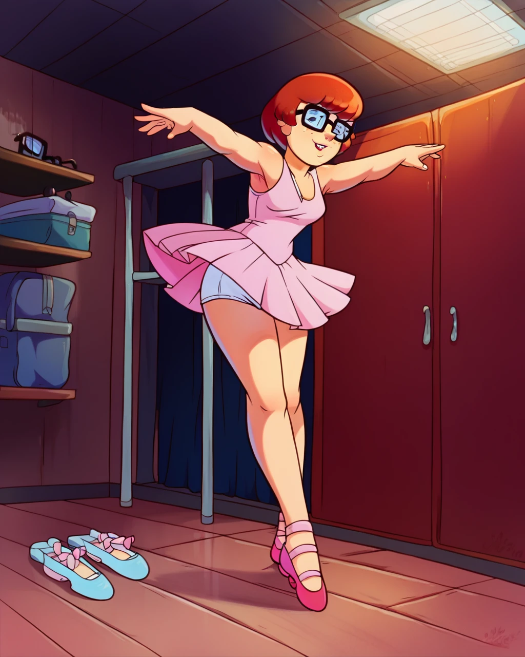 VelmaXL, white panties, pink tutu, ballet shoes, ballerina, dressing room, hands lifting tutu, sleeveless top, upskirt view of white panties, glasses, cute pose