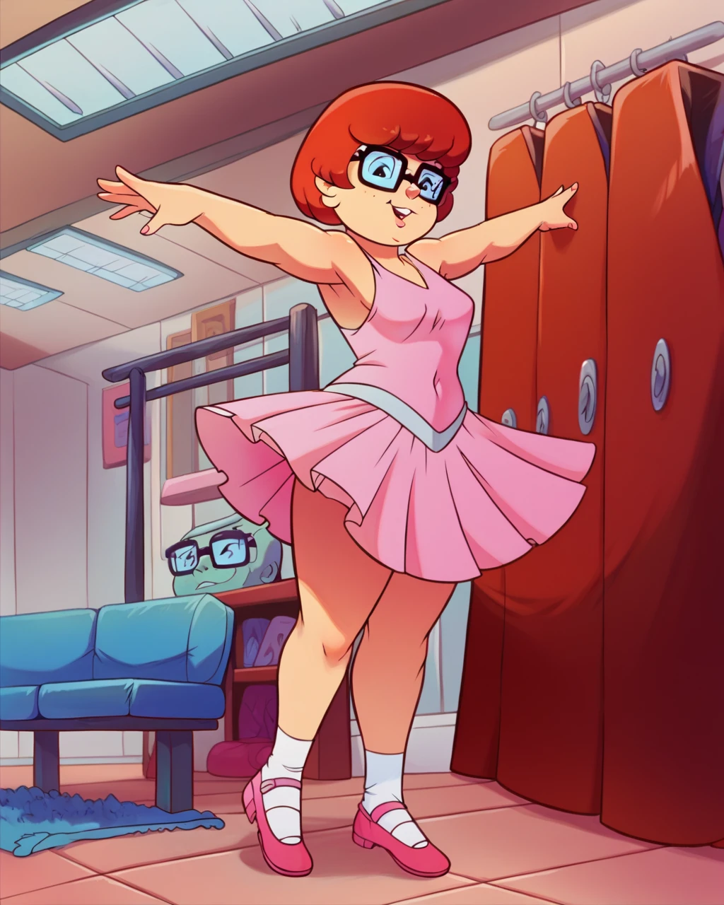 VelmaXL, white panties, pink tutu, ballet shoes, ballerina, dressing room, hands lifting tutu, sleeveless top, upskirt view of white panties, glasses, cute pose