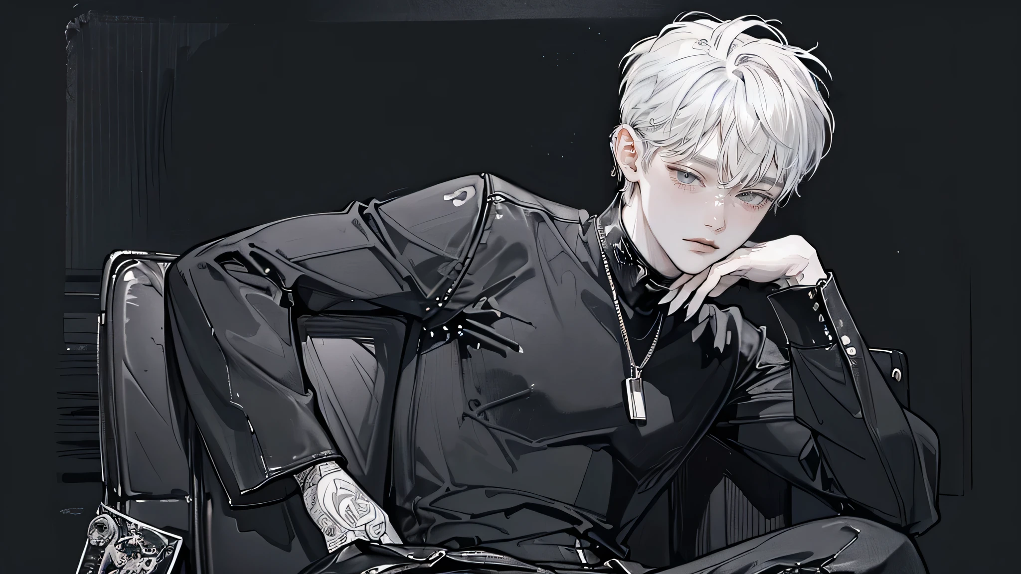 (4K works))、masterpiece、(top-quality)、((Black cityscape background))、Indonesian Male、Adult male、((Adult 30 years old))、((Adult uncle type))、((Leather Jeans Style))、Cool Men、tall、((Wild features))、((Wild look))、((angry expressions))、((Long sleeve long trouser style))、((Diamond face))、((Thin Almond eyes))、Slim body、(((short-haired)))、((Shot alone))、((Solo Photography))、Professional Photos、((He is in front of the viewer))、((Monochrome photography))、((Upper body photography))、((Wear a lot of piercings))、((Piercing on the lips))、((Tongue piercing))、((Icon Photo))、((Sick Boyine Boys))、((sassy pose))