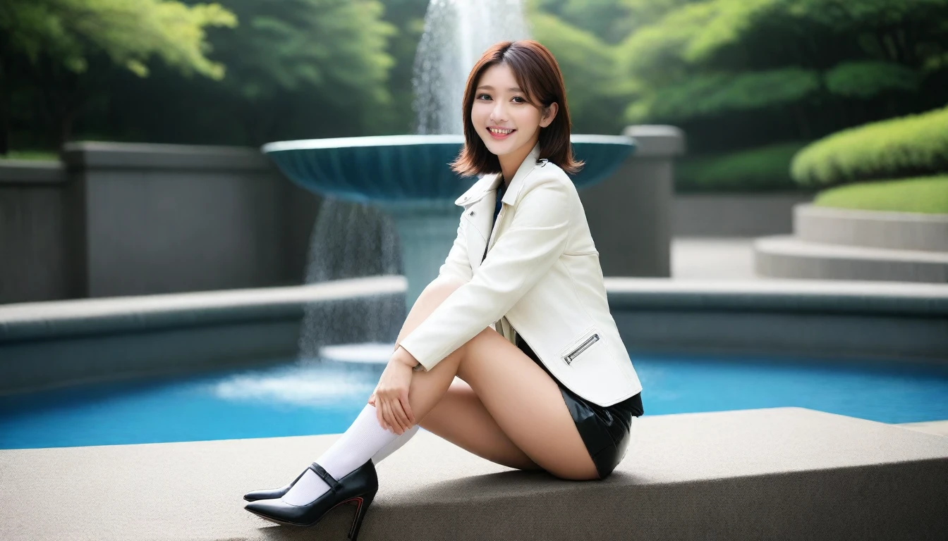8K, Ultra-high resolution, Highest quality, masterpiece, 三分割法によるphotograph,Surreal, photograph, 1 Girl, (16 years old:1.3), pretty girl, Cute face, Beautiful eyes in every detail, 細かくdetailedに,masterpiece,, One Girl:1.2, Japan Female Announcer,whole body, ((Biologically correct limb count))、((whole bodyショット, 顔を含むwhole bodyphotograph、頭からつま先までのphotograph))、((Focus on the face))、((Symmetrical facial features))、((Shiny black stockings、shiny leather skirt、White Leather Jacket、High heels with anklets))、((Sitting on the edge of a fountain in the park early in the morning, Look straight into the camera)),Beautiful leg line beauty,Captivating thighs,A carefree smile,Heal the heart,Black Hair,Short Bob,Looking at the audience、beauty,Long neck、Laugh a little、Please close your mouth and laugh、(((Ideal body type))),A cup small breasts :2,、Portraiture:2、Perfect Anatomy、鮮明なdetailed、detailed、Surreal、Light and shadow,Strong light