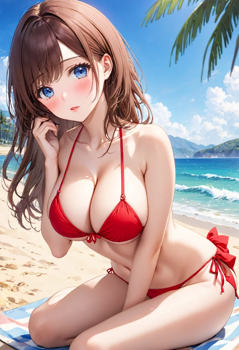 (This is a close-up shot of a young anime girl in a bikini on the beach:1.4),(alone:1.4),(One girl:1.4),(Long brown hair:1.3),(blue eyes:1.2),(tiny red bikini top:1.3),(Red Bikini Bottom:1.2),(belly button:1.1),(Sitting on the beach:1.3),(Palm tree in the background:1.2),(The sea in the background:1.2),(blue sky:1.1), (Detailed face:1.3),(Beautiful attention to detail:1.3),(Slightly parted lips:1.2),(Embarrassed look:1.3),(Blushed:1.2),(Slender body:1.2),(Large Breasts:1.3), (masterpiece:1.2),(Highest quality:1.3),(Ultra-high resolution:1.2),(Realistic:1.1), roller:cuteGirlMix4_v10:0.5,roller:Korean doll-like_At 3 p.m.:0.3,