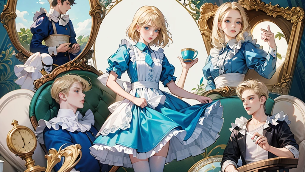 masterpiece, Highest quality, Portraiture, 1 Girl, (Alice in Wonderland:1.2), Blue clothes, White apron, Blonde, blue eyes, Usagi, Trump, Tea cup, White lace thigh high socks, Miniskirt lift, Half Body, Dynamic pose