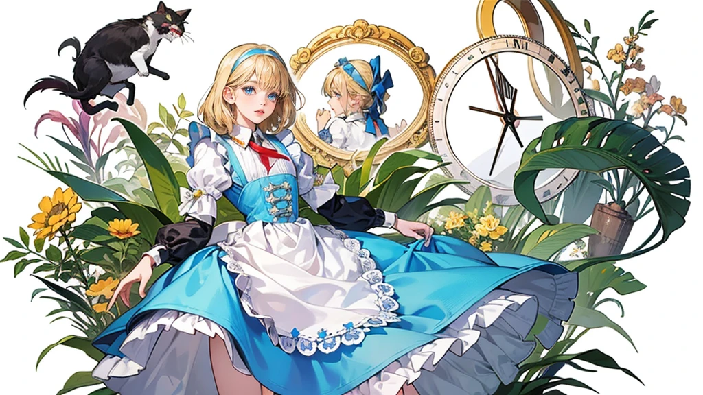 masterpiece, Highest quality, Portraiture, 1 Girl, (Alice in Wonderland:1.2), Blue clothes, White apron, Blonde, blue eyes, Usagi, Trump, Tea cup, White lace thigh high socks, Miniskirt lift, Half Body, Dynamic pose