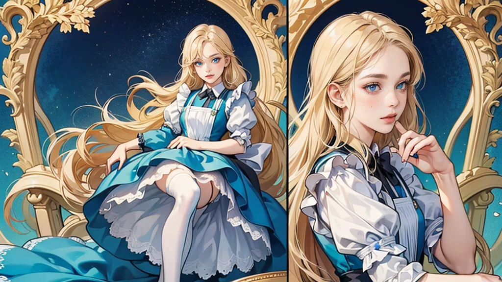 masterpiece, Highest quality, Portraiture, 1 Girl, (Alice in Wonderland:1.2), Blue clothes, White apron, Blonde, blue eyes, Usagi, Trump, Tea cup, White lace thigh high socks, Miniskirt lift, Half Body, Dynamic pose