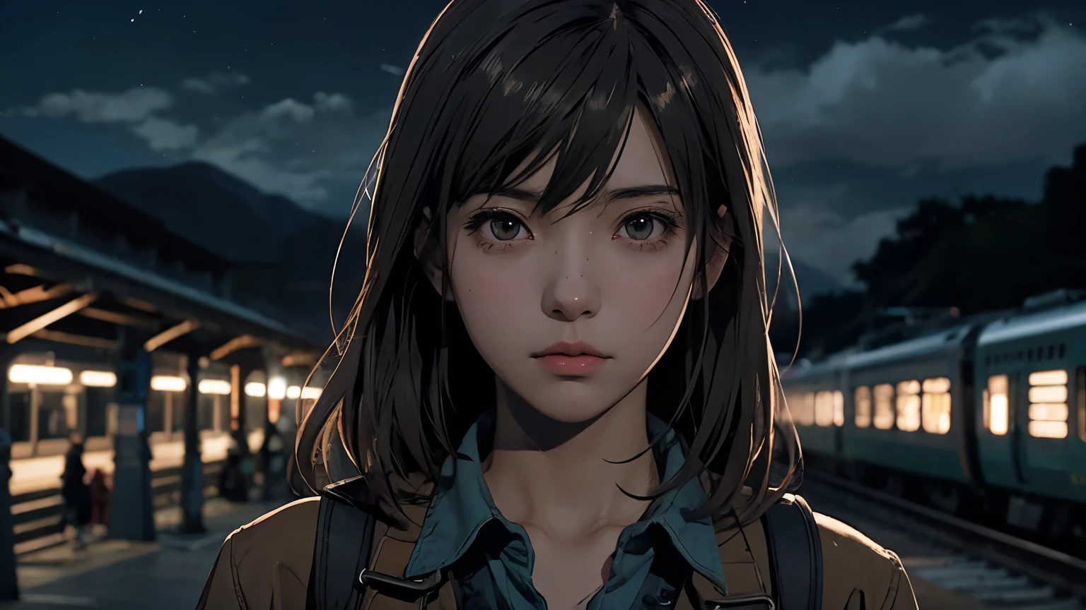 Anime girl standing in front of a train station at night, Detailed digital anime art, Young woman anime visual, Anime PostersMovie StillsPortrait, Makoto Shinkai's art style, ( ( makoto shinkai ) ), Detailed Anime Character Art, Digital anime illustration, Detailed portrait of an anime girl, Makoto Shinkai style, makoto shinkai. High detail