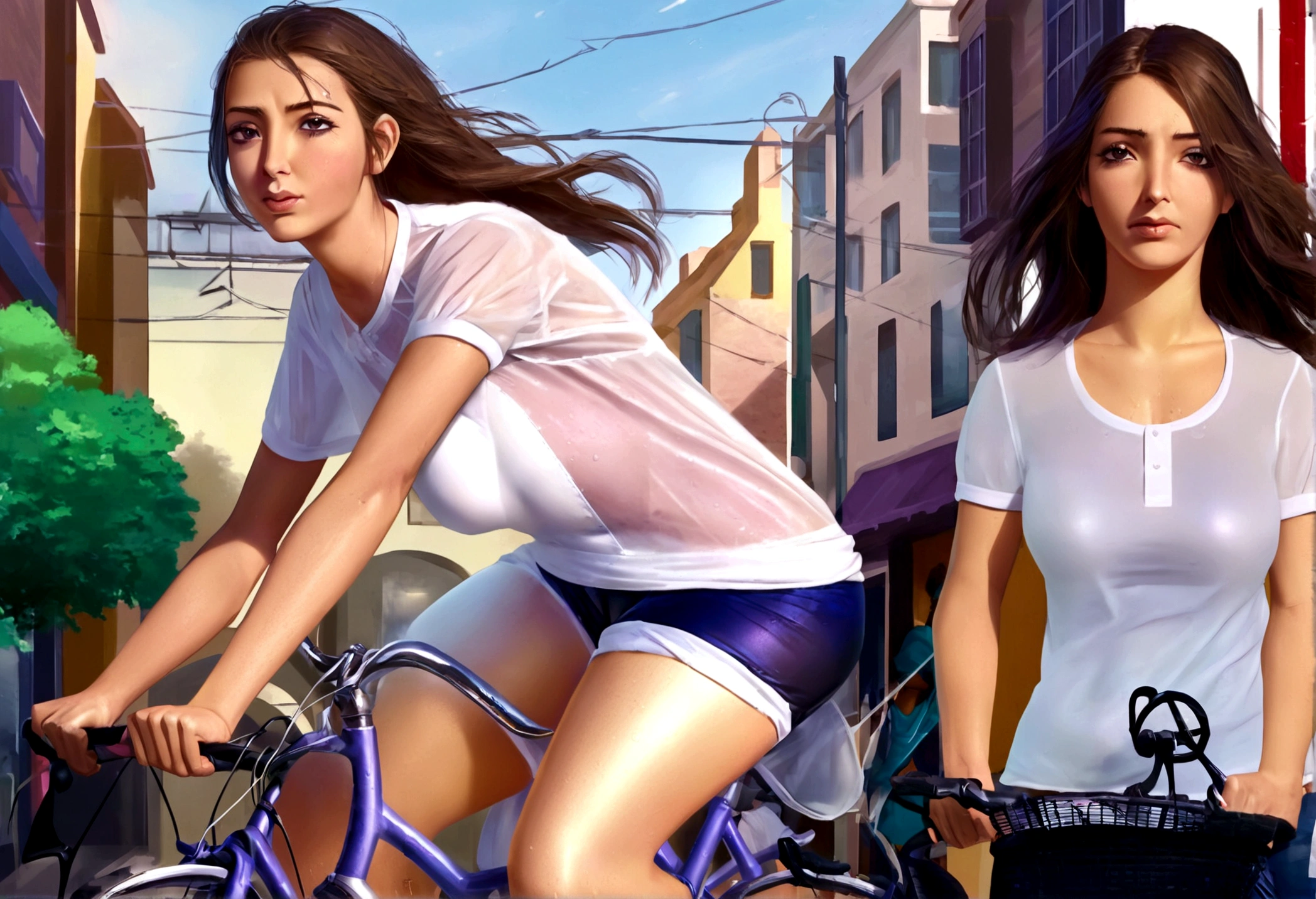 A cute woman(bike shorts, white sweat soaked sheer shirt, sweaty) is riding a bicycle through downtown. people sop and stare. cars pull over
