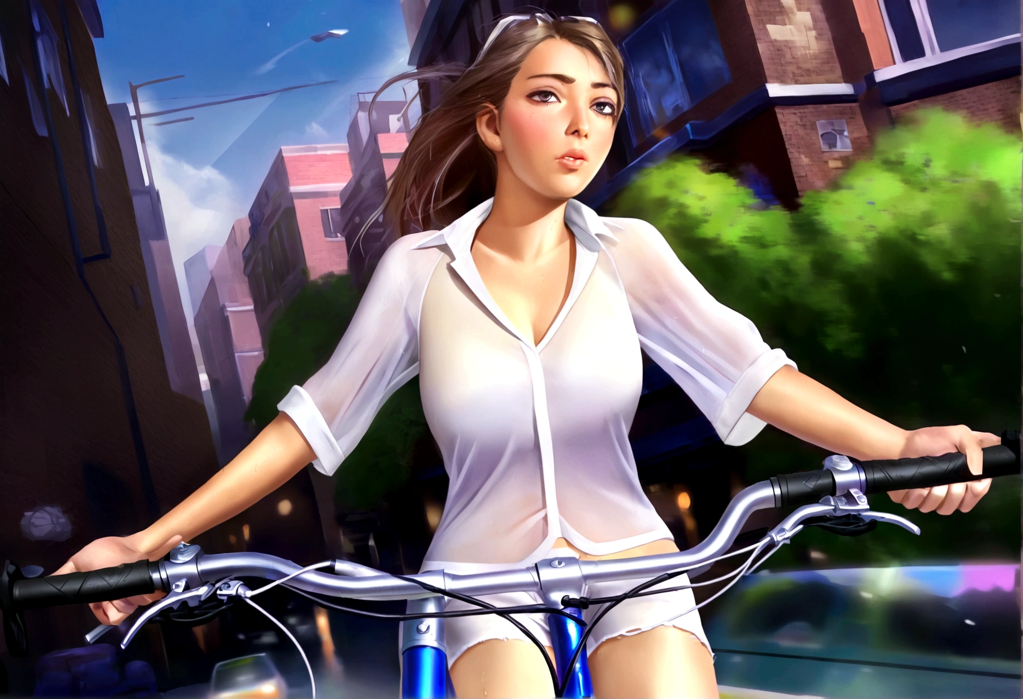 A cute woman(bike shorts, white sweat soaked sheer shirt, sweaty) is riding a bicycle through downtown. people sop and stare. cars pull over