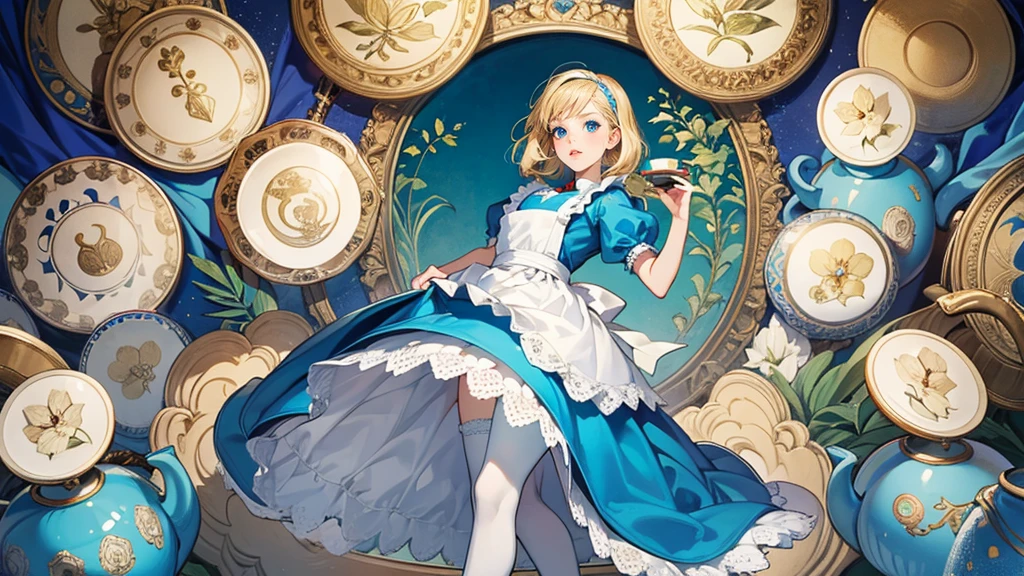 masterpiece, Highest quality, Portraiture, 1 Girl, (Alice in Wonderland:1.2), Blue clothes, White apron, Blonde, blue eyes, Usagi, Trump, Tea cup, White lace thigh high socks, Miniskirt lift, Half Body, Dynamic pose