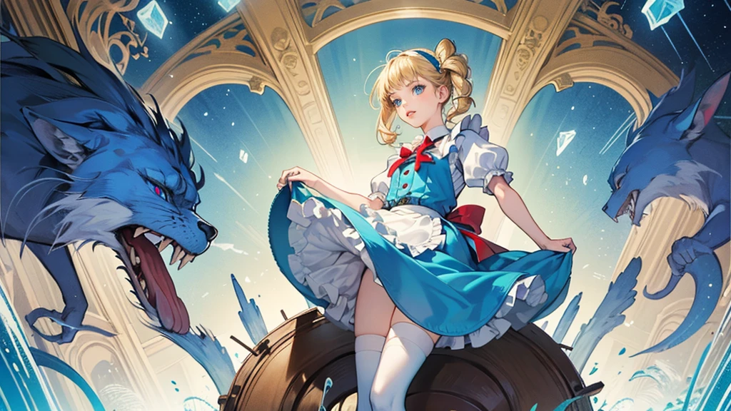 masterpiece, Highest quality, Portraiture, 1 Girl, (Alice in Wonderland:1.2), Blue clothes, White apron, Blonde, blue eyes, Usagi, Trump, Tea cup, White lace thigh high socks, Miniskirt lift, Half Body, Dynamic pose