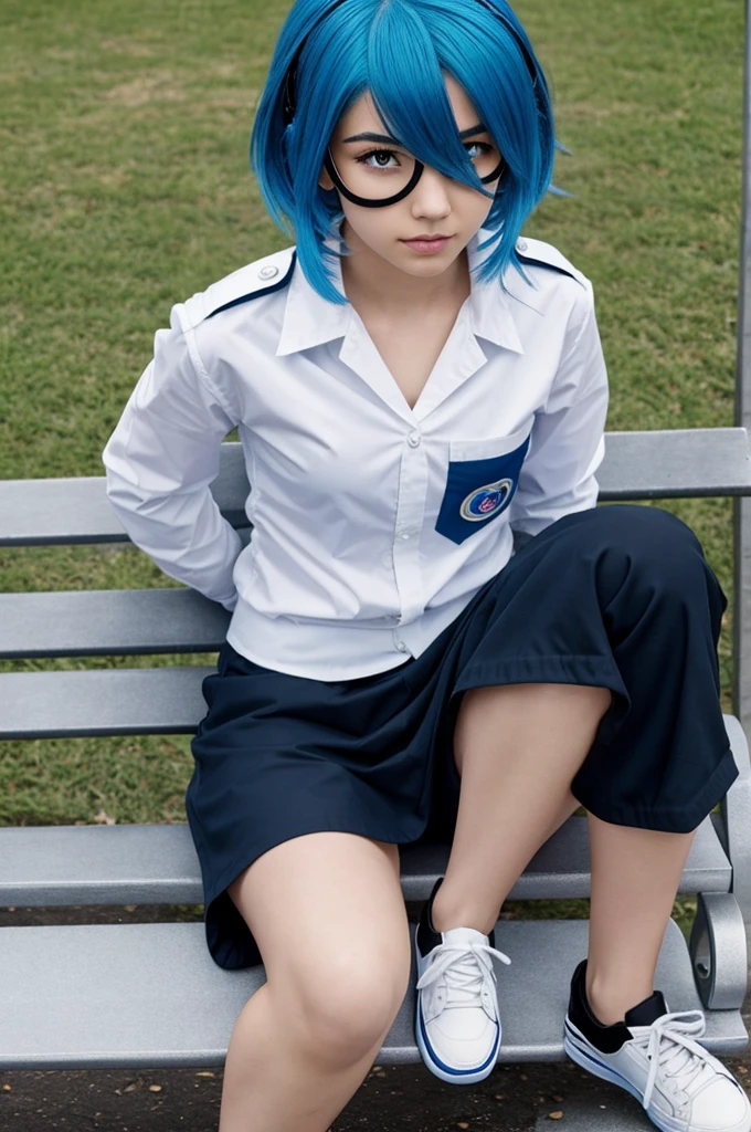 Panel de my hero academya, girl with blue hair and bench, one eye white and the other black