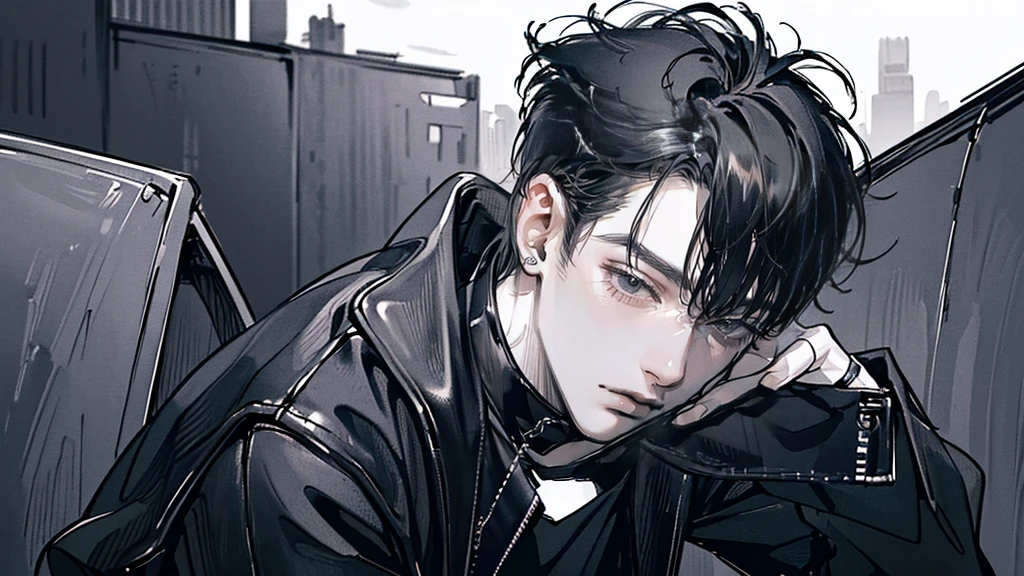 (4K works))、​masterpiece、(top-quality)、((Black cityscape background))、Indonesian Male、Adult male、((Adult 30 years old))、((Adult uncle type))、((Leather Jeans Style))、Cool Men、tall、((Wild features))、((Wild look))、((angry expressions))、((Long sleeve long trouser style))、((Diamond face))、((Thin Almond eyes))、Slim body、(((short-haired)))、((Shot alone))、((Solo Photography))、Professional Photos、((He is in front of the viewer))、((Monochrome photography))、((Upper body photography))、((Wear a lot of piercings))、((Piercing on the lips))、((Tongue piercing))、((Icon Photo))、((Sick Boyine Boys))、((sassy pose))
