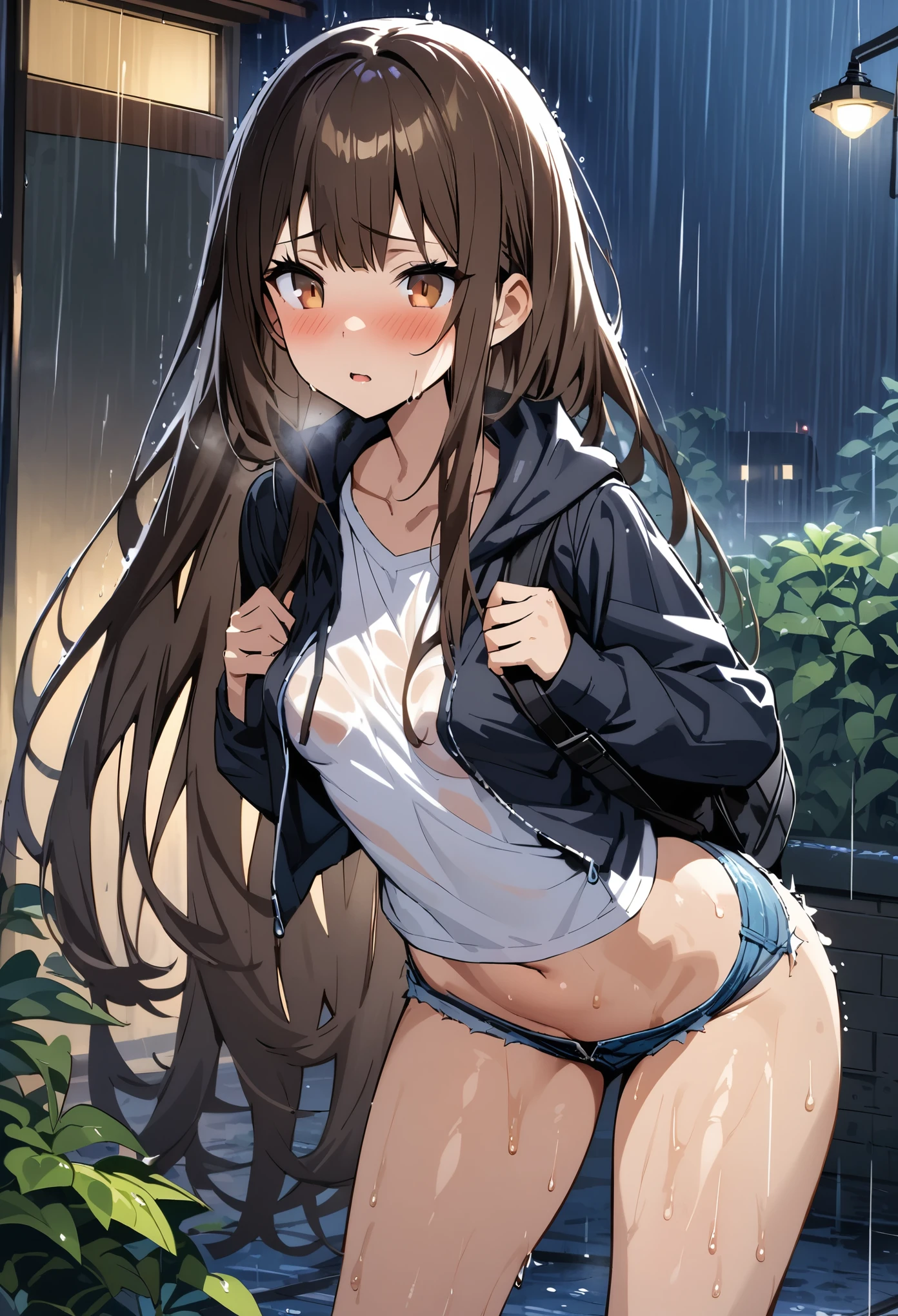 ((masterpiece,Highest quality;1.3,best illustration)),cowboy shot,1woman、25 year old beauty、独奏,((very small head:1.5)),dark brown hair,long hair,bangs,brown eyes,gorgeous eyes,blush,small breasts,((very long body:1.3)),((toned body,slender body,skinny)),gleaming skin,shiny skin,oily skin,(Soaked in the rain、Black zip-up hoodie outer jacket、White tight T-shirt、denim micro shorts)、Carrying a black backpack、heavy rain、rain、garden、at night,nsfw,