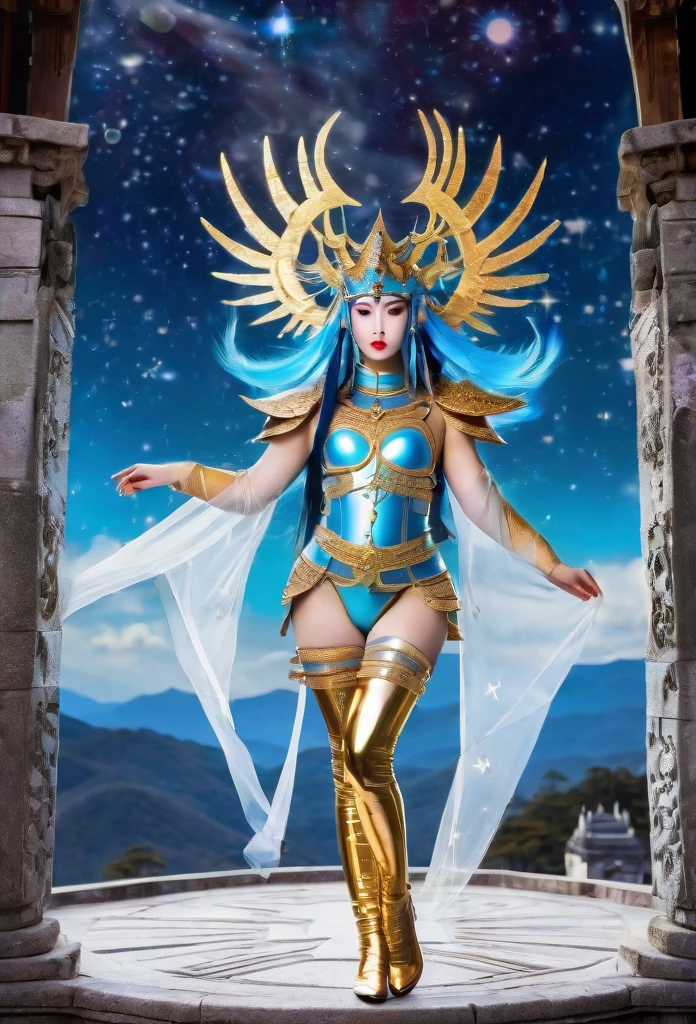 a celestial princess with black and gold mythical armor, iridescent and vibrant, octane render, icy blue eye, cosmic hair, intricate mythical steel tigh armor, intricate mythical steel tigh latex panty, intricate mythical pagoda headpiece, standing in front of the ancient temple, sky full of stars, back pose