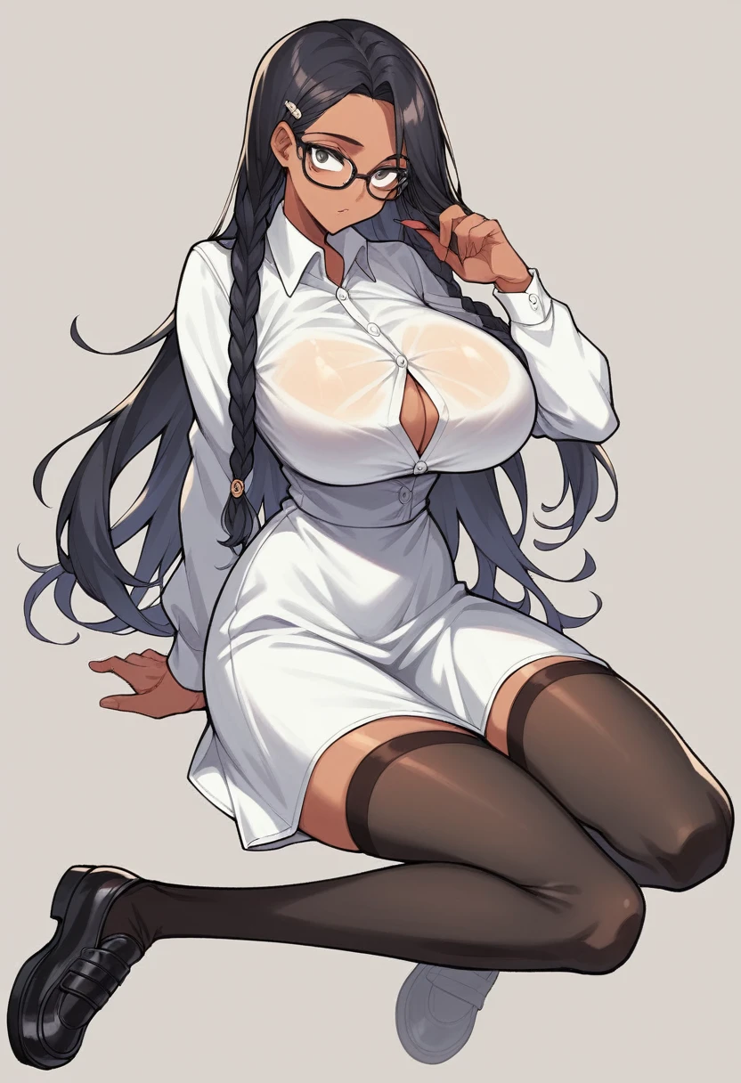 a woman, tanned skin, black hair, a hairstyle with two long braids that fall over her shoulders, with straight bangs that cover his forehead. He wears black glasses with rectangular frames and has a calm expression on his face....., black hair, big and somewhat open eyes, small nose, huge breasts, Skinny body, small waist, whole body, fitted white dress shirt, microfalda , long black stockings, women shoes, a nerd, alone, Transparent clothing, school passport, horny, sexy,