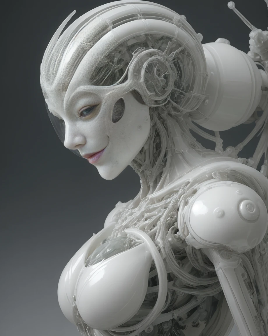 organic cyborg, White plastic, Diffuse lighting, Fantasy, Complex, elegant, Very detailed, Art by Yoshitaka Amano