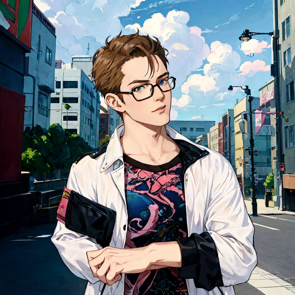 50th Generation、Anime character wearing glasses and a jacket in the city, Realistic Anime 3D Style, Elderly anime guy, Anime Style3D, Live2D Virtual Youtuber Model, Anime Styleに, Anime Styleキャラクター, Created by Anime Painter Studio, Anime Styleのポートレート, Tall anime guy with blue eyes, Anime Style, Anime portrait of a handsome man