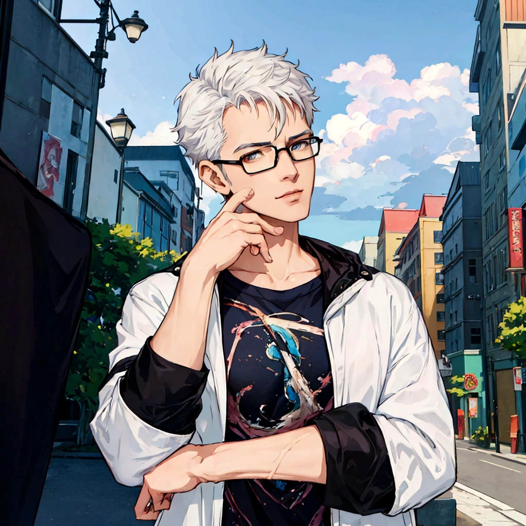 50th Generation、Anime character wearing glasses and a jacket in the city, Realistic Anime 3D Style, Elderly anime guy, Anime Style3D, Live2D Virtual Youtuber Model, Anime Styleに, Anime Styleキャラクター, Created by Anime Painter Studio, Anime Styleのポートレート, Tall anime guy with blue eyes, Anime Style, Anime portrait of a handsome man