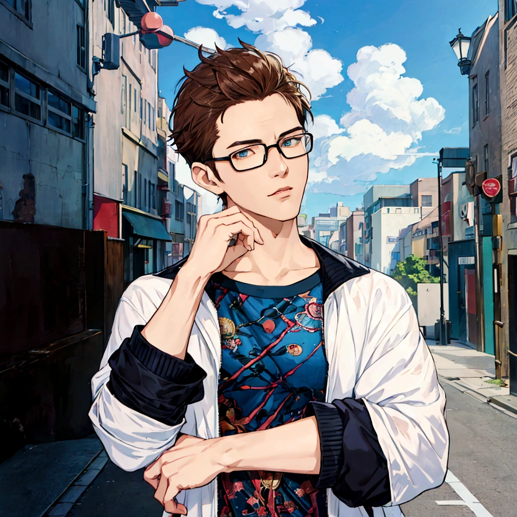 50th Generation、Anime character wearing glasses and a jacket in the city, Realistic Anime 3D Style, Elderly anime guy, Anime Style3D, Live2D Virtual Youtuber Model, Anime Styleに, Anime Styleキャラクター, Created by Anime Painter Studio, Anime Styleのポートレート, Tall anime guy with blue eyes, Anime Style, Anime portrait of a handsome man