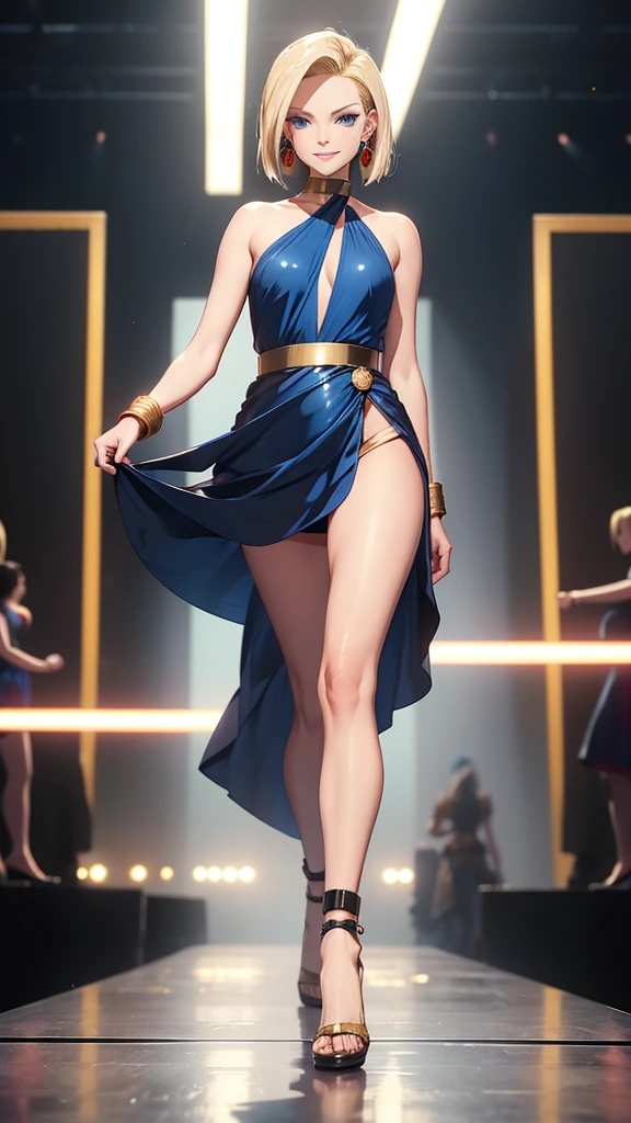 8k, android 18, Full Body, Golden Headband, red Earrings, blue Eyes, Elegant Short Dress, Two Bare Legs, Two Bare Arms, Wide Neckline, black Heels, Walking On Runway, smiling